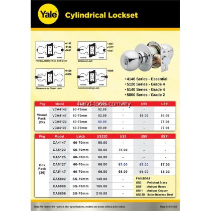 CYLINDRICAL LOCKSET YALE SERIAL 4140, 5120,5140,5800